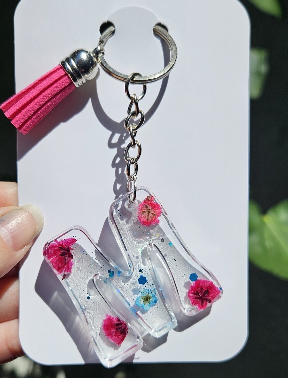 Handmade Floral Resin Keychain with Tassel, Letter M.